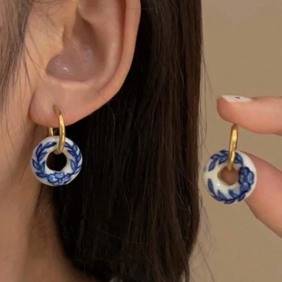 Blue White Porcelain Hoop Earrings Gold Small Hoops with Floral Ceramic Donut - Picture 2 of 5